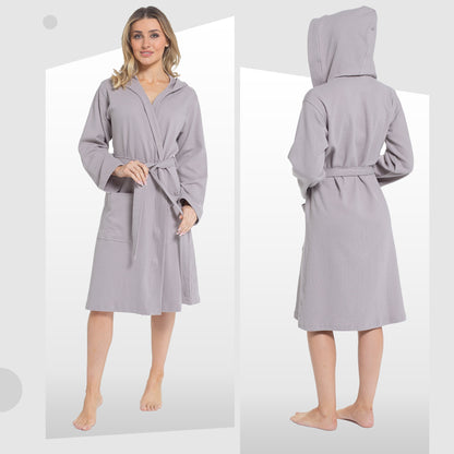 Hooded Waffle Cotton Dressing Gown – Grey