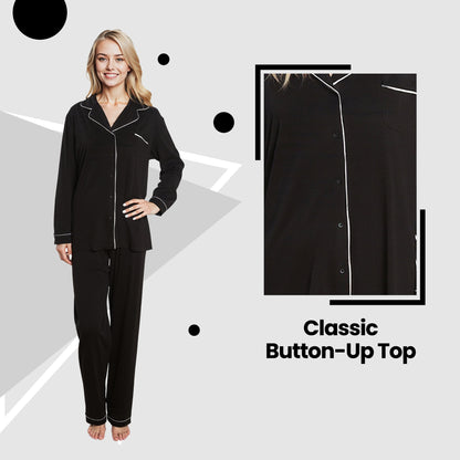 Soft Touch Button-Up Pyjama Set – Black