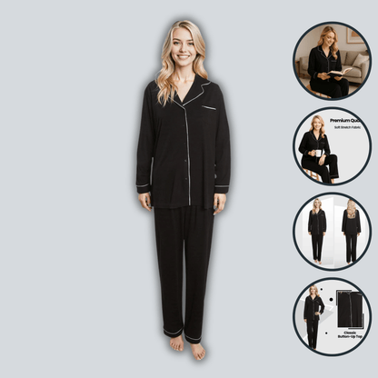 Soft Touch Button-Up Pyjama Set – Black