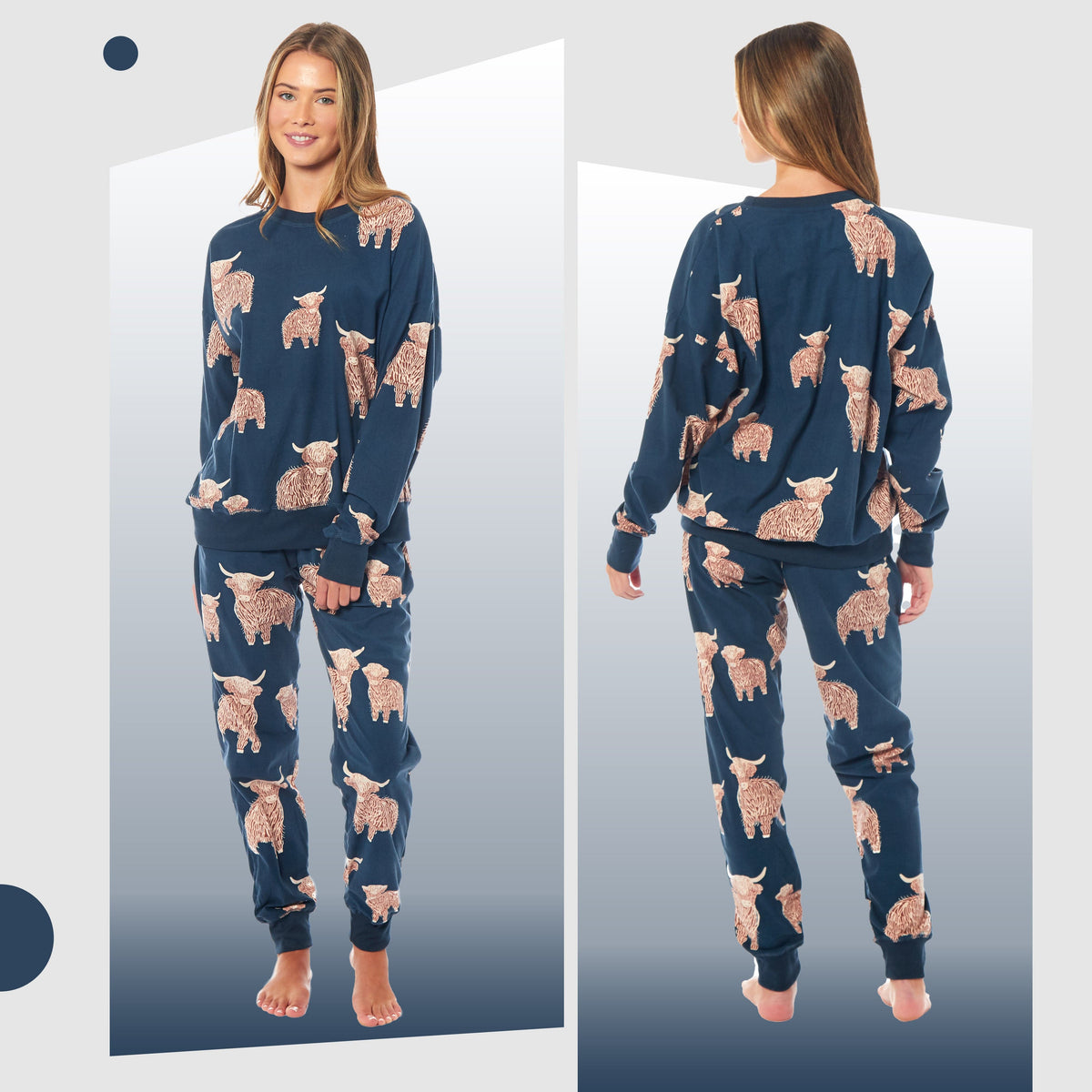 Highland Cow Fleece Pyjama Set – Navy