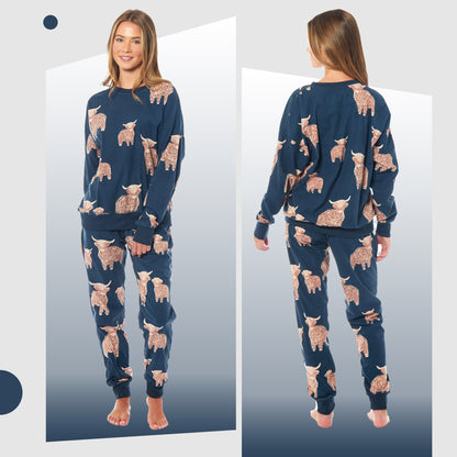 Highland Cow Fleece Pyjama Set – Navy