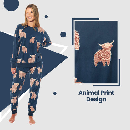Highland Cow Fleece Pyjama Set – Navy