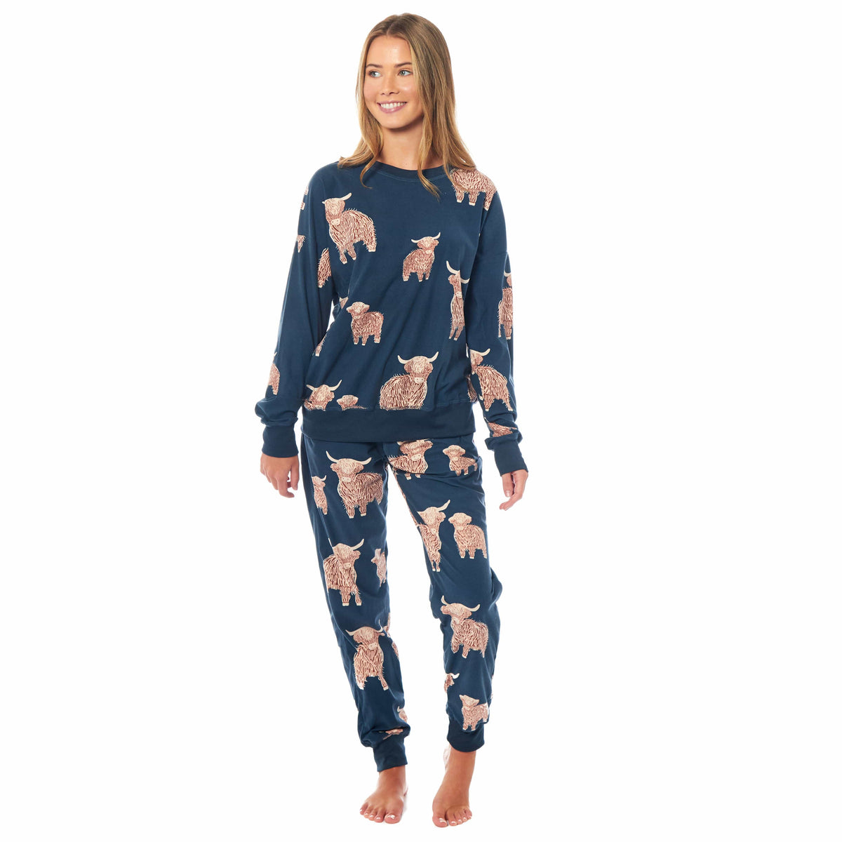 Highland Cow Fleece Pyjama Set – Navy