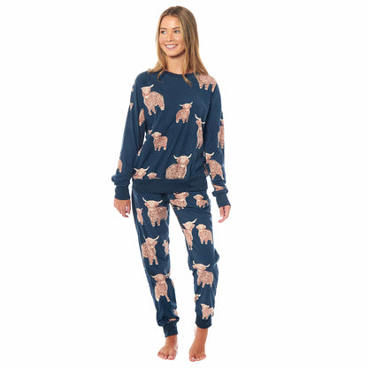 Highland Cow Fleece Pyjama Set – Navy