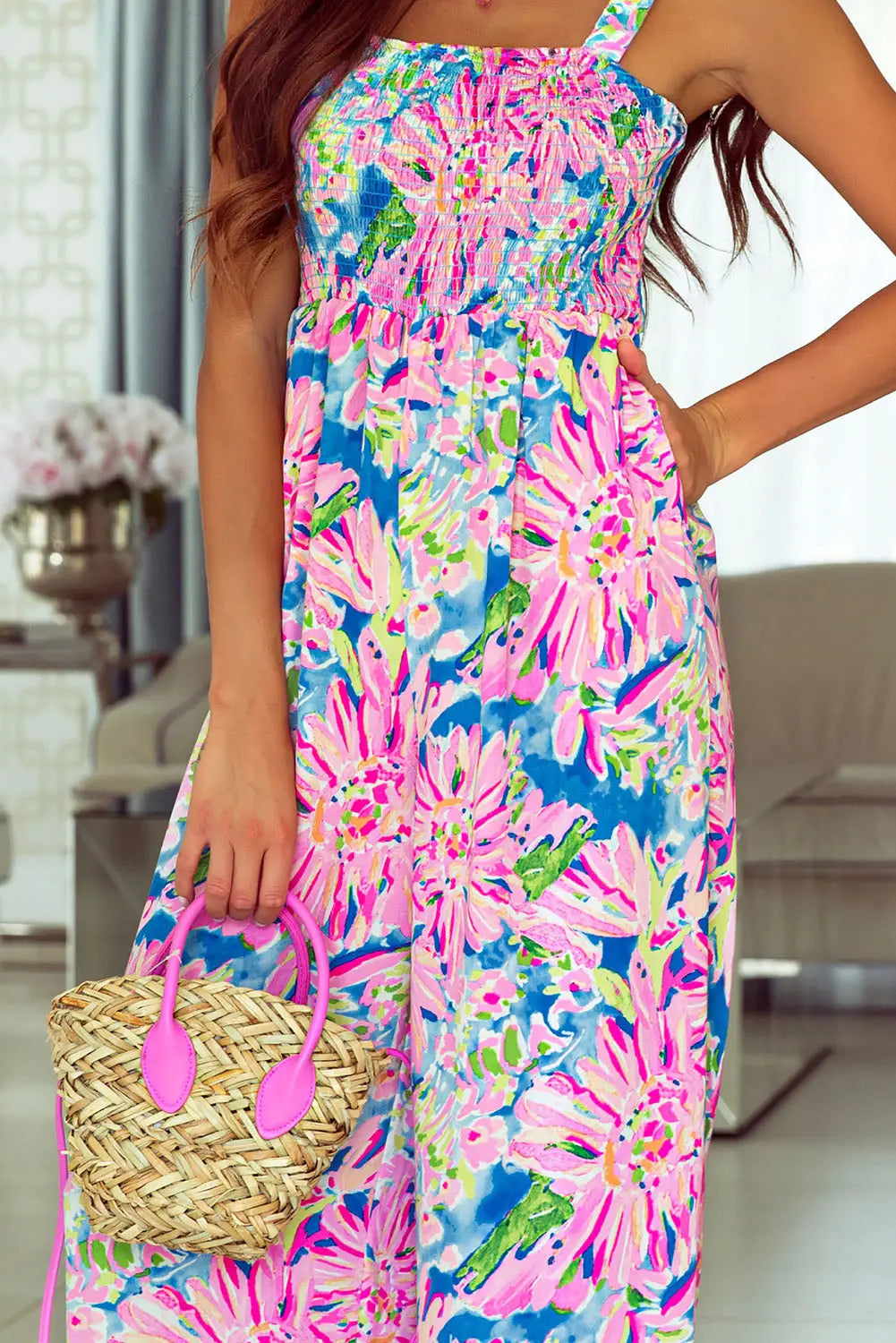 Smocked Square Neck Wide Leg Jumpsuit
