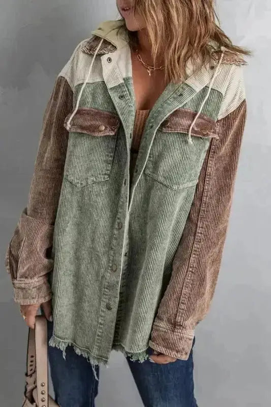 Colour Block Hooded Corduroy Jacket