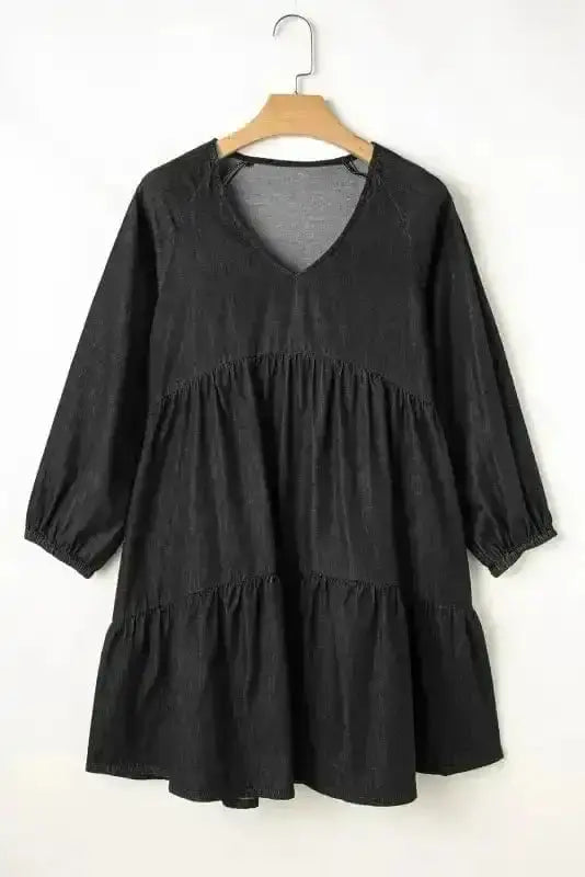 Puff Sleeve Tiered Mini Dress – Washed Black