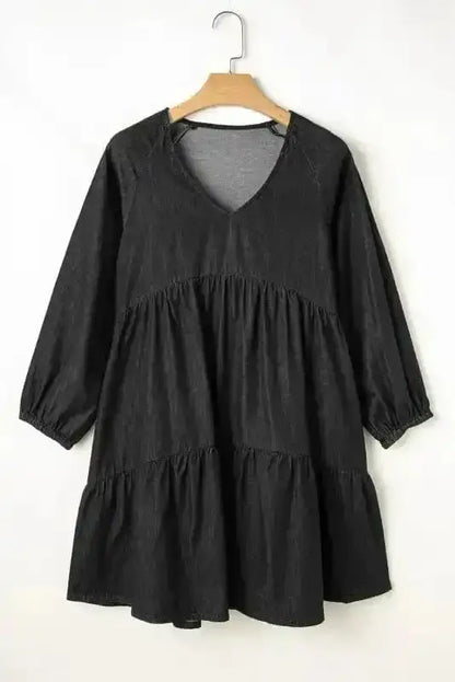 Puff Sleeve Tiered Mini Dress – Washed Black