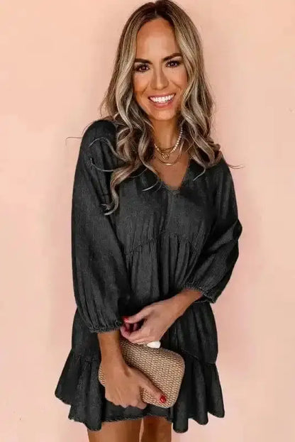 Puff Sleeve Tiered Mini Dress – Washed Black