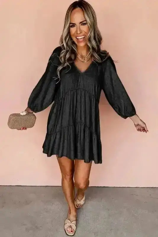 Puff Sleeve Tiered Mini Dress – Washed Black