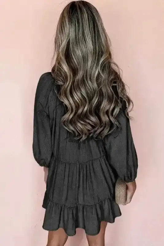 Puff Sleeve Tiered Mini Dress – Washed Black