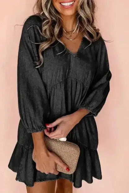 Puff Sleeve Tiered Mini Dress – Washed Black