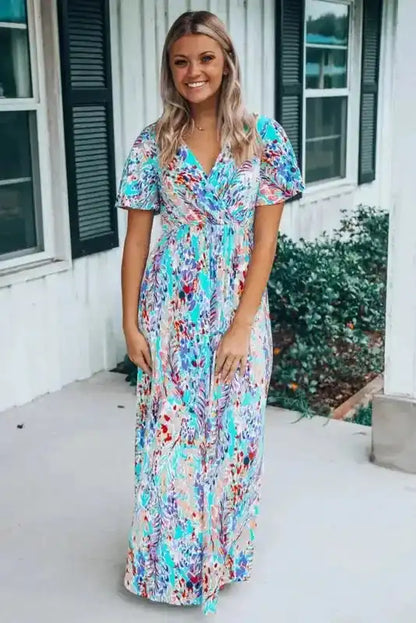Floral V-Neck Wrap Maxi Dress – Green