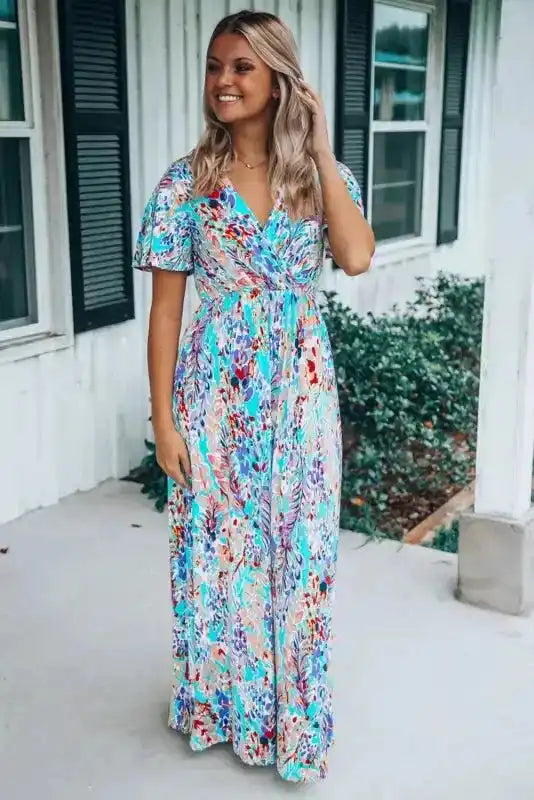 Floral V-Neck Wrap Maxi Dress – Green