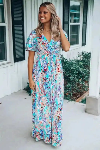 Floral V-Neck Wrap Maxi Dress – Green