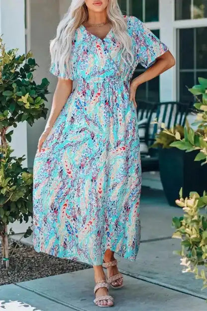 Floral V-Neck Wrap Maxi Dress – Green