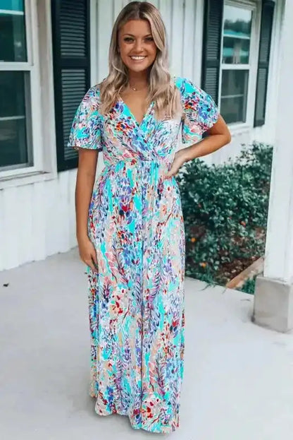 Floral V-Neck Wrap Maxi Dress – Green