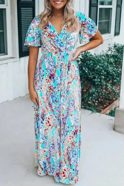 Floral V-Neck Wrap Maxi Dress – Green