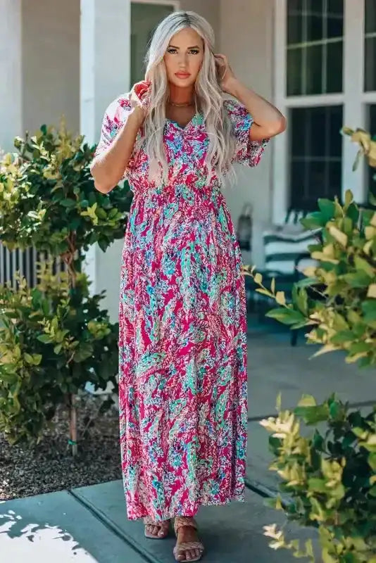 Floral V-Neck Wrap Maxi Dress – Green