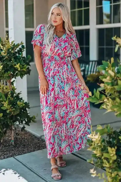 Floral V-Neck Wrap Maxi Dress – Green