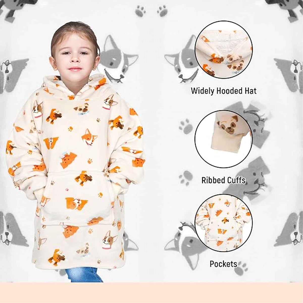 Kids' Dog Print Blanket Hoodie (Age 8–15)