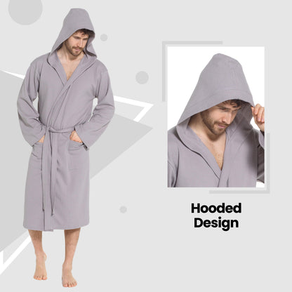 Men's Hooded Waffle Cotton Dressing Gown – Grey