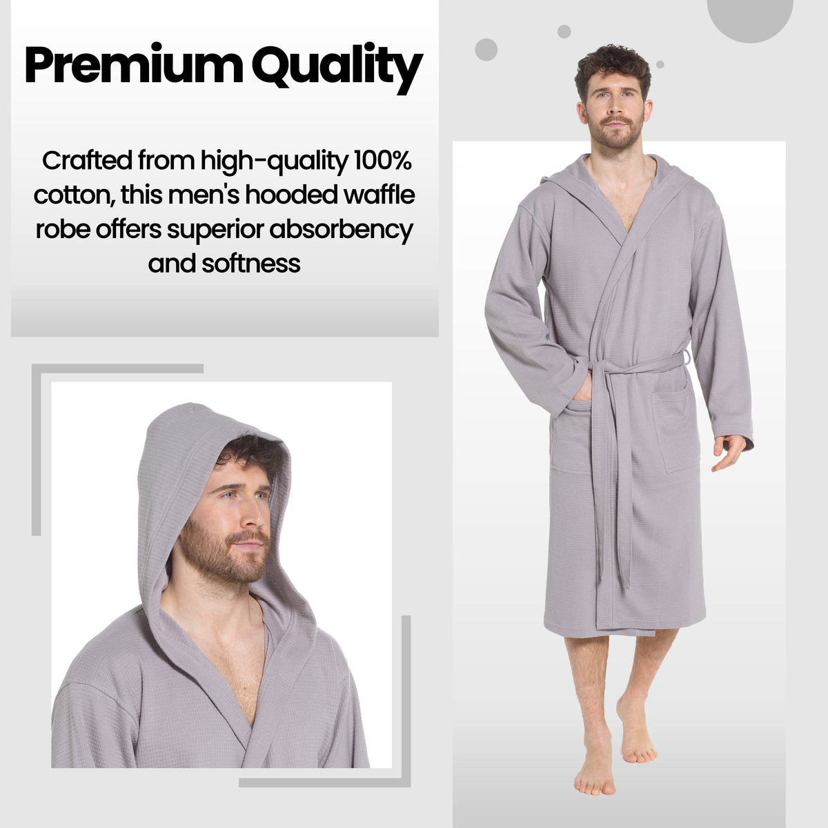 Men's Hooded Waffle Cotton Dressing Gown – Grey