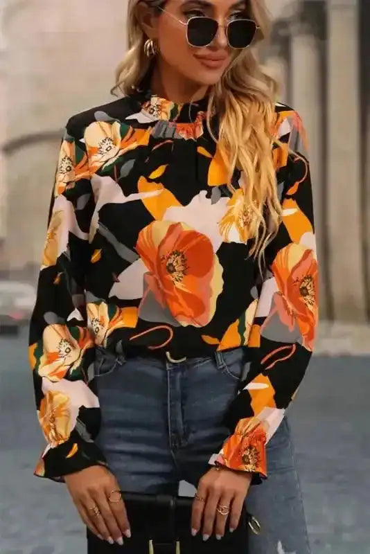 Floral Tie Neck Long Sleeve Midi Dress