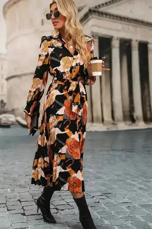 Floral Tie Neck Long Sleeve Midi Dress