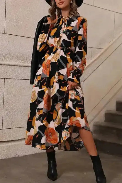 Floral Tie Neck Long Sleeve Midi Dress