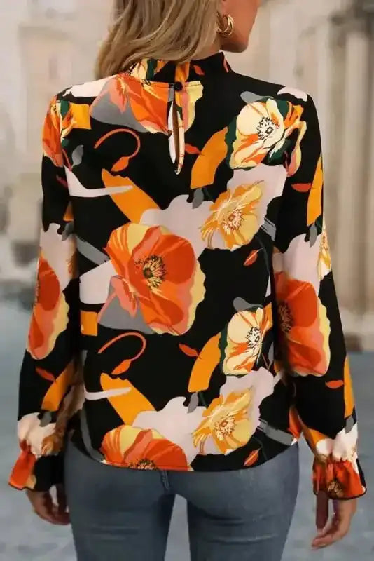 Floral Tie Neck Long Sleeve Midi Dress