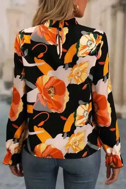 Floral Tie Neck Long Sleeve Midi Dress