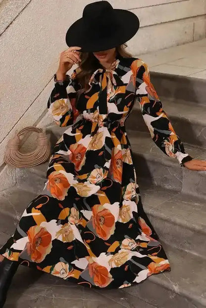 Floral Tie Neck Long Sleeve Midi Dress