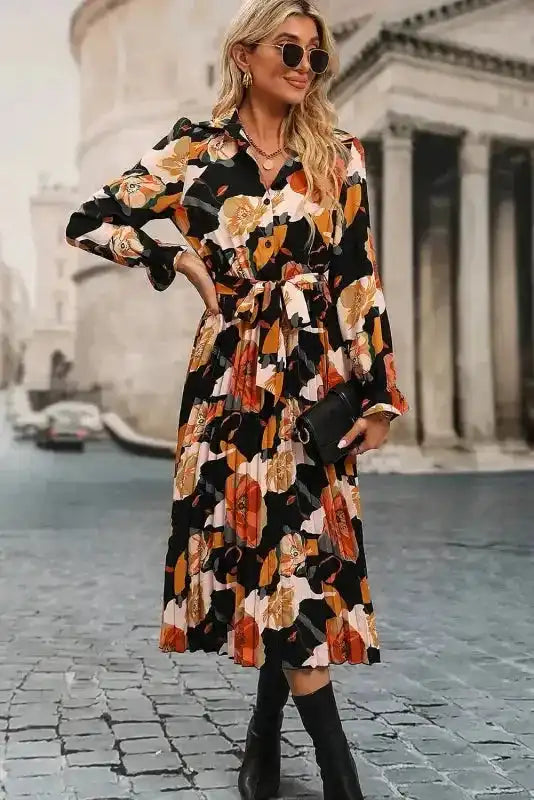 Floral Tie Neck Long Sleeve Midi Dress