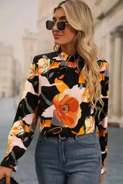 Floral Tie Neck Long Sleeve Midi Dress