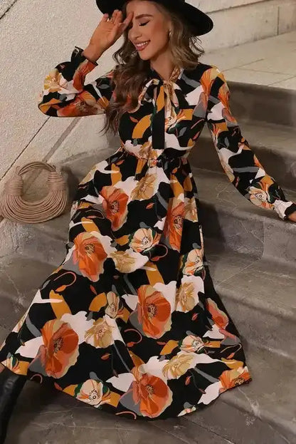 Floral Tie Neck Long Sleeve Midi Dress