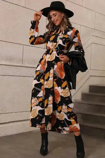 Floral Tie Neck Long Sleeve Midi Dress