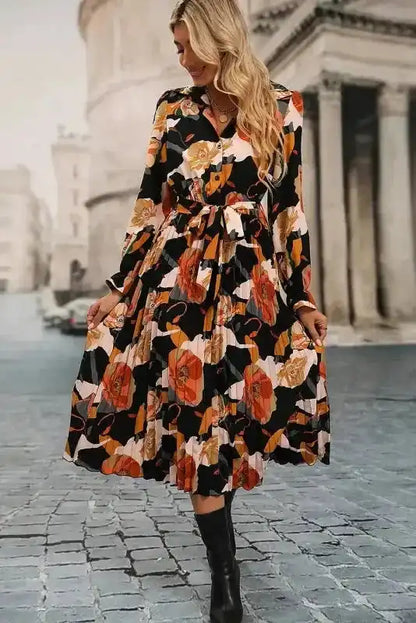 Floral Tie Neck Long Sleeve Midi Dress