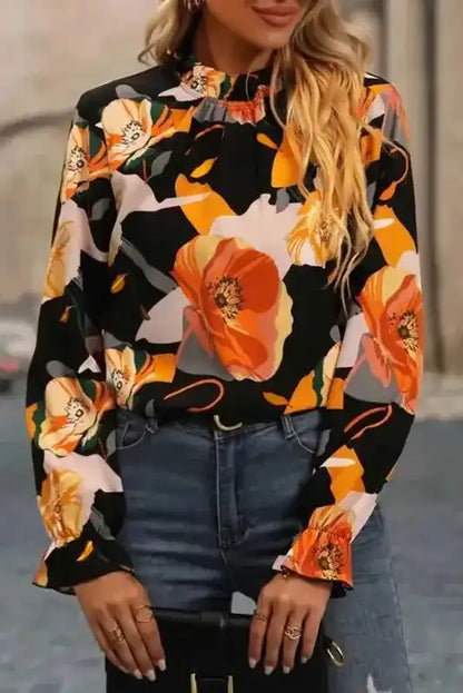 Floral Tie Neck Long Sleeve Midi Dress