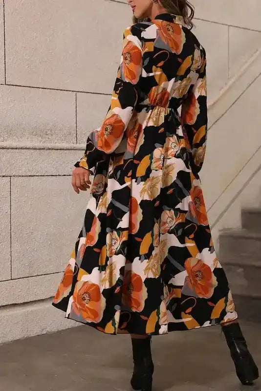 Floral Tie Neck Long Sleeve Midi Dress