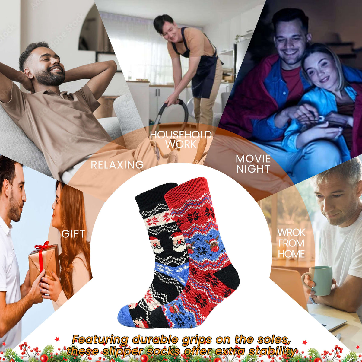 Men's Festive Chunky Knit Slipper Socks (2 Pack)